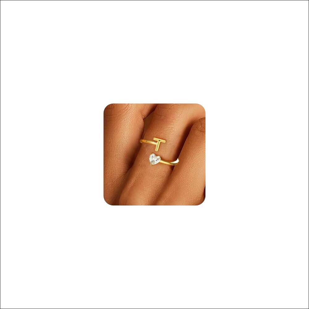 Adjustable Gold Plated Initial Ring With Heart Zi… - image 1